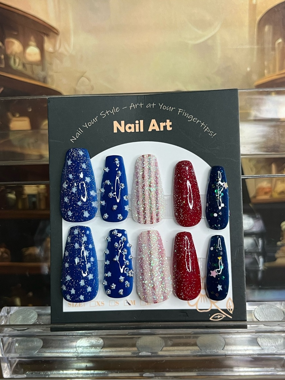 Patriotic Nail Art Press-On Set - Blue, Red & Iridescent Glitter